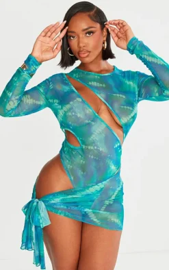 Shape Green Printed Mesh Cut Out Bodysuit Detail Bodycon Dress