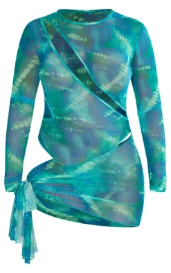 Shape Green Printed Mesh Cut Out Bodysuit Detail Bodycon Dress