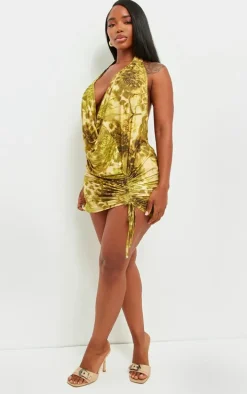 Shape Green Printed Slinky Halterneck Cowl Ruched Bodycon Dress