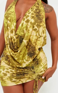 Shape Green Printed Slinky Halterneck Cowl Ruched Bodycon Dress
