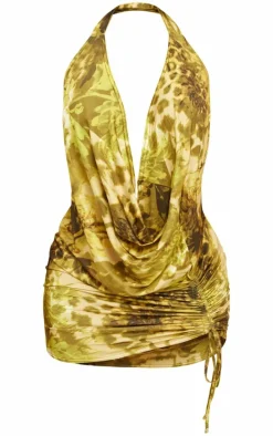 Shape Green Printed Slinky Halterneck Cowl Ruched Bodycon Dress