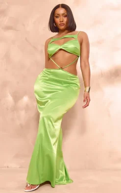 Shape Green Satin Bra Detail Cut Out Maxi Dress