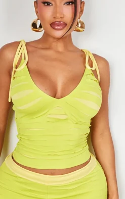 Shape Green Seamless Shredded Shoulder Tie Crop Top