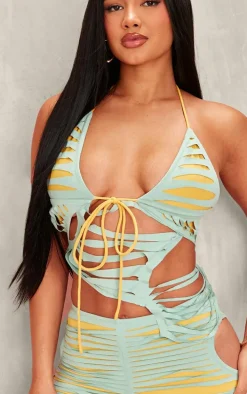 Shape Green Seamless Shredded Halterneck Crop Top