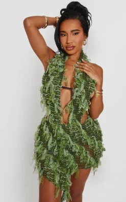 Shape Green Textured Mesh Halterneck Plunge Bodycon Dress