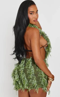 Shape Green Textured Mesh Halterneck Plunge Bodycon Dress