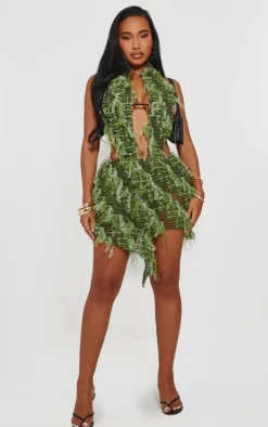 Shape Green Textured Mesh Halterneck Plunge Bodycon Dress