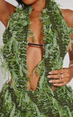 Shape Green Textured Mesh Halterneck Plunge Bodycon Dress