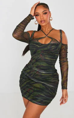 Shape Green Tiger Print Mesh Ring Halterneck Ruched Bodycon Dress