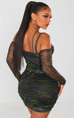 Shape Green Tiger Print Mesh Ring Halterneck Ruched Bodycon Dress