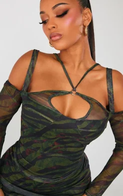 Shape Green Tiger Print Mesh Ring Halterneck Ruched Bodycon Dress
