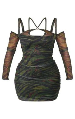 Shape Green Tiger Print Mesh Ring Halterneck Ruched Bodycon Dress
