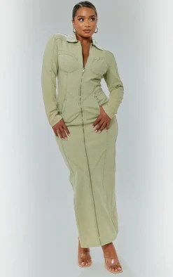 Shape Green Washed Denim Long Sleeve Midaxi Dress