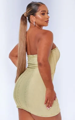 Shape Green Washed Denim Seam Detail Bandeau Dress