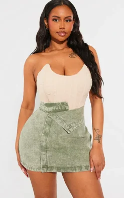 Shape Green Washed Denim Foldover Waist Mini Skirt