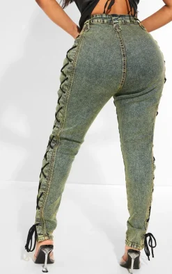 Shape Green Washed Denim Lace Up Skinny Jeans