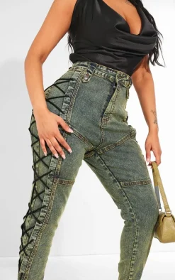 Shape Green Washed Denim Lace Up Skinny Jeans