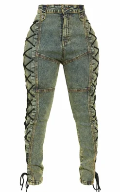 Shape Green Washed Denim Lace Up Skinny Jeans