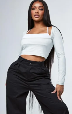 Shape Grey Cotton Long Sleeve Overlay Crop Top