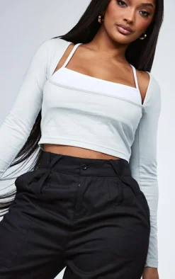 Shape Grey Cotton Long Sleeve Overlay Crop Top