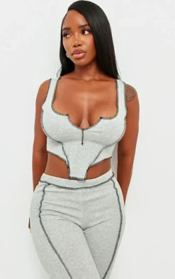 Shape Grey Marl Contrast Stitch Ribbed Crop Top