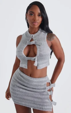 Shape Grey Marl Stripe Knit Double Buckle Crop Top