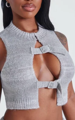 Shape Grey Marl Stripe Knit Double Buckle Crop Top