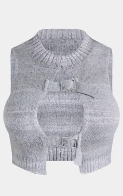 Shape Grey Marl Stripe Knit Double Buckle Crop Top