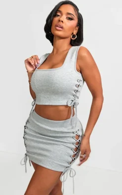 Shape Grey Marl Sweat Lace Up Racer Scoop Neck Top