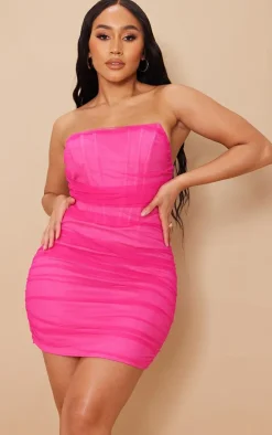 Shape Hot Pink Mesh Corset Detail Ruched Bodycon Dress
