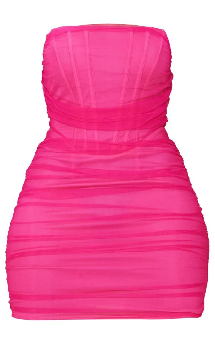 Shape Hot Pink Mesh Corset Detail Ruched Bodycon Dress