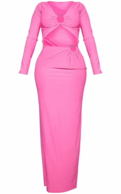 Shape Hot Pink Slinky Cut Out Ring Long Sleeve Maxi Dress