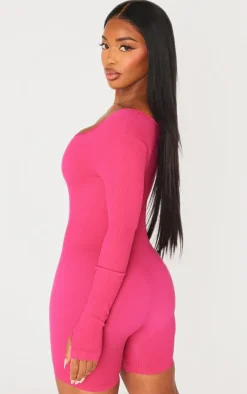 Shape Hot Pink Snatched Ribbed Long Sleeve Unitard