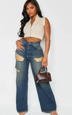 Shape Indigo Blue Wash Denim Foldover Waist Ripped Wide Leg Jeans