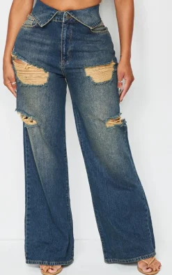 Shape Indigo Blue Wash Denim Foldover Waist Ripped Wide Leg Jeans