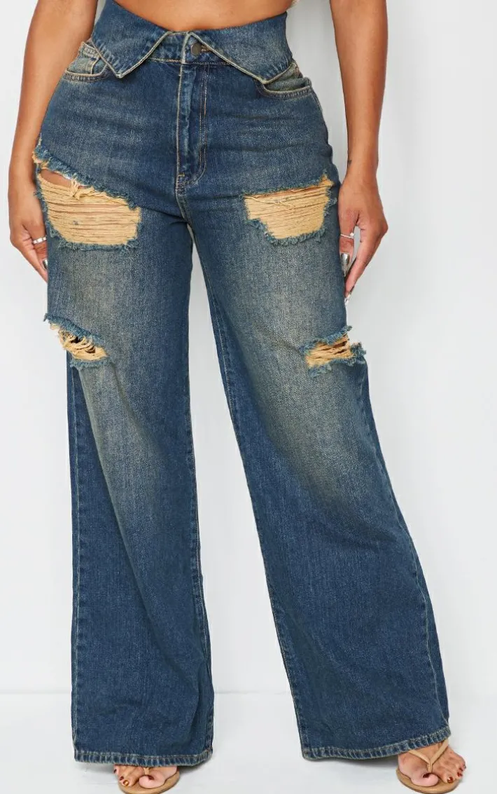 Shape Indigo Blue Wash Denim Foldover Waist Ripped Wide Leg Jeans