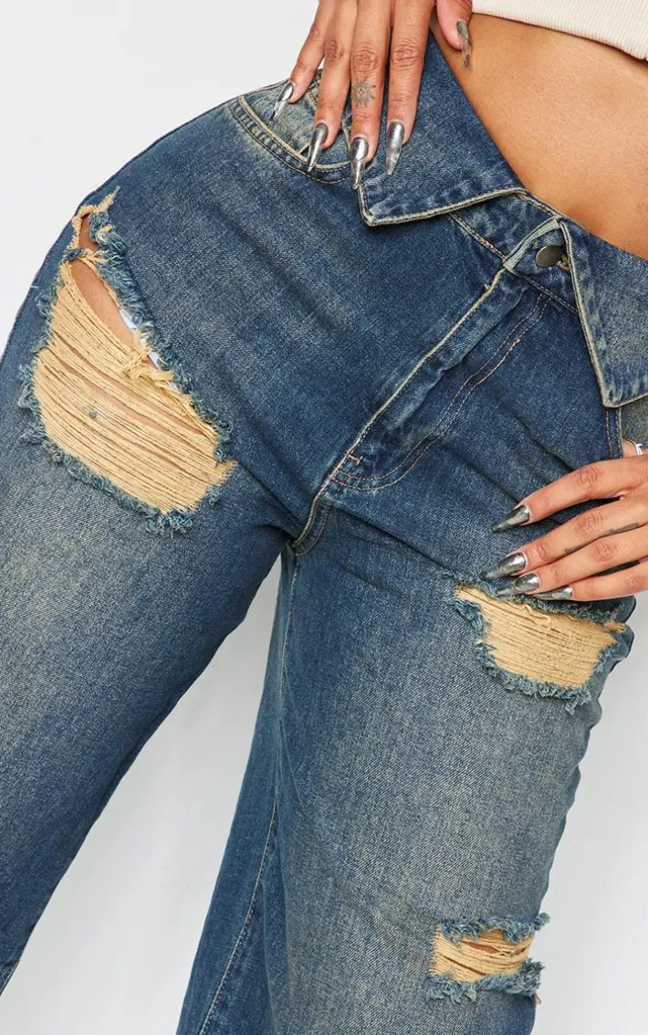 Shape Indigo Blue Wash Denim Foldover Waist Ripped Wide Leg Jeans