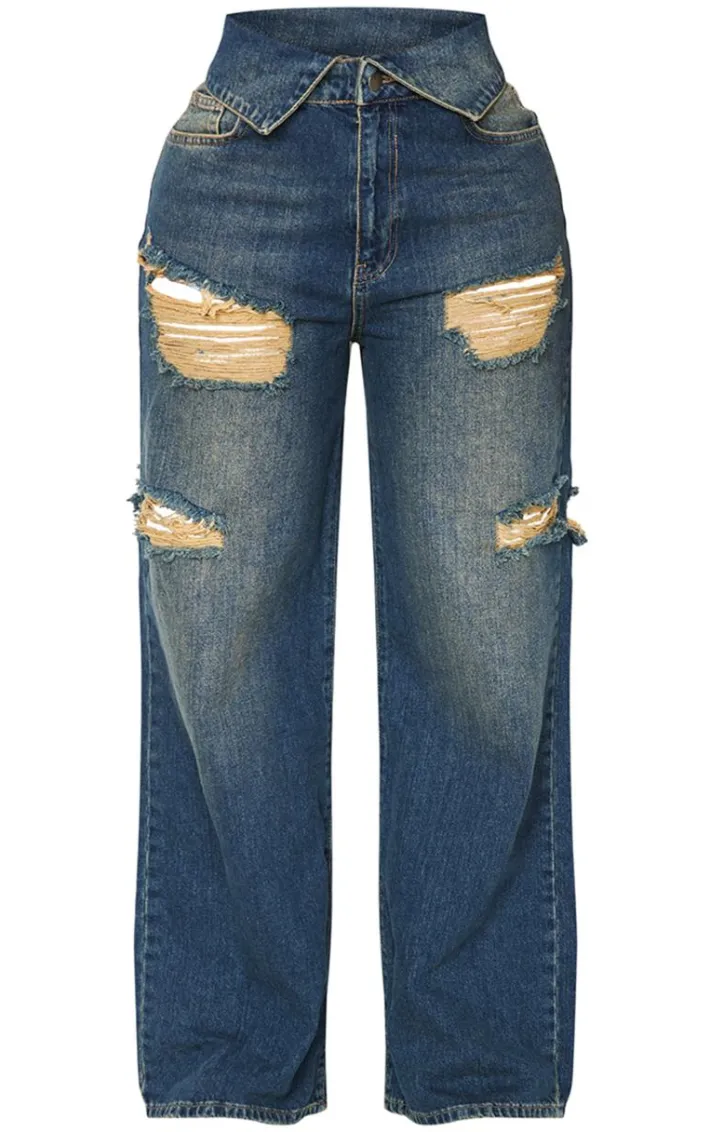 Shape Indigo Blue Wash Denim Foldover Waist Ripped Wide Leg Jeans