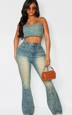 Shape Indigo Blue Wash Denim Eyelet Detail Flare Jeans