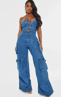 Shape Indigo Blue Wash Denim Bandeau Lace Up Front Wide Leg Jumpsuit