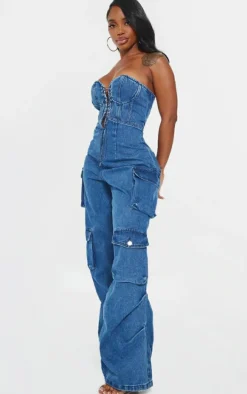 Shape Indigo Blue Wash Denim Bandeau Lace Up Front Wide Leg Jumpsuit