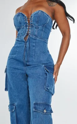 Shape Indigo Blue Wash Denim Bandeau Lace Up Front Wide Leg Jumpsuit