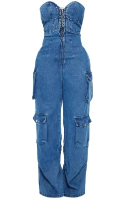 Shape Indigo Blue Wash Denim Bandeau Lace Up Front Wide Leg Jumpsuit