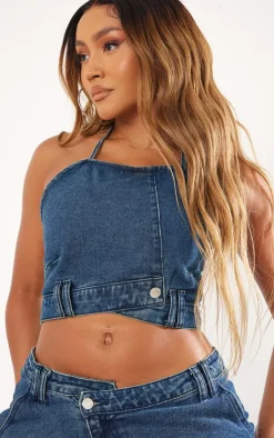 Shape Indigo Vintage Wash Asymmetric Seam Bandeau Crop Top