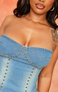 Shape Indigo Vintage Wash Stretch Denim Stud Detail Bandeau Corset
