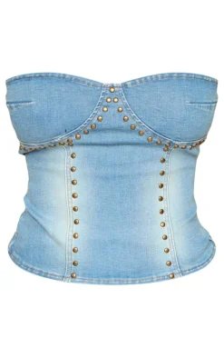 Shape Indigo Vintage Wash Stretch Denim Stud Detail Bandeau Corset