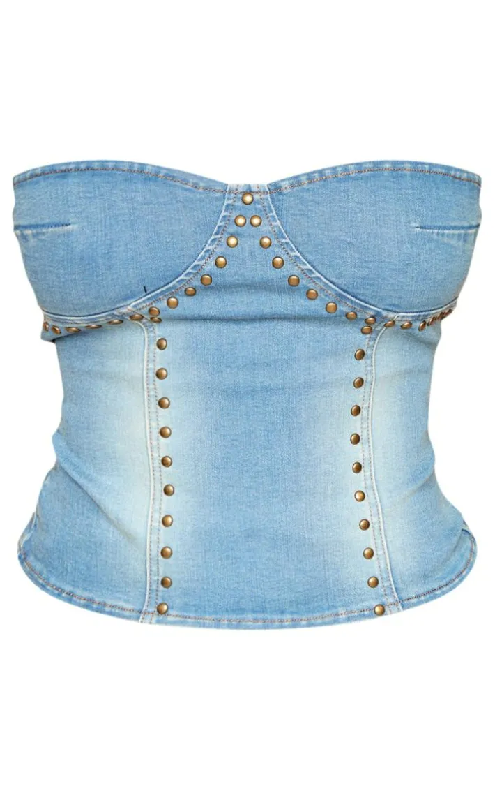 Shape Indigo Vintage Wash Stretch Denim Stud Detail Bandeau Corset