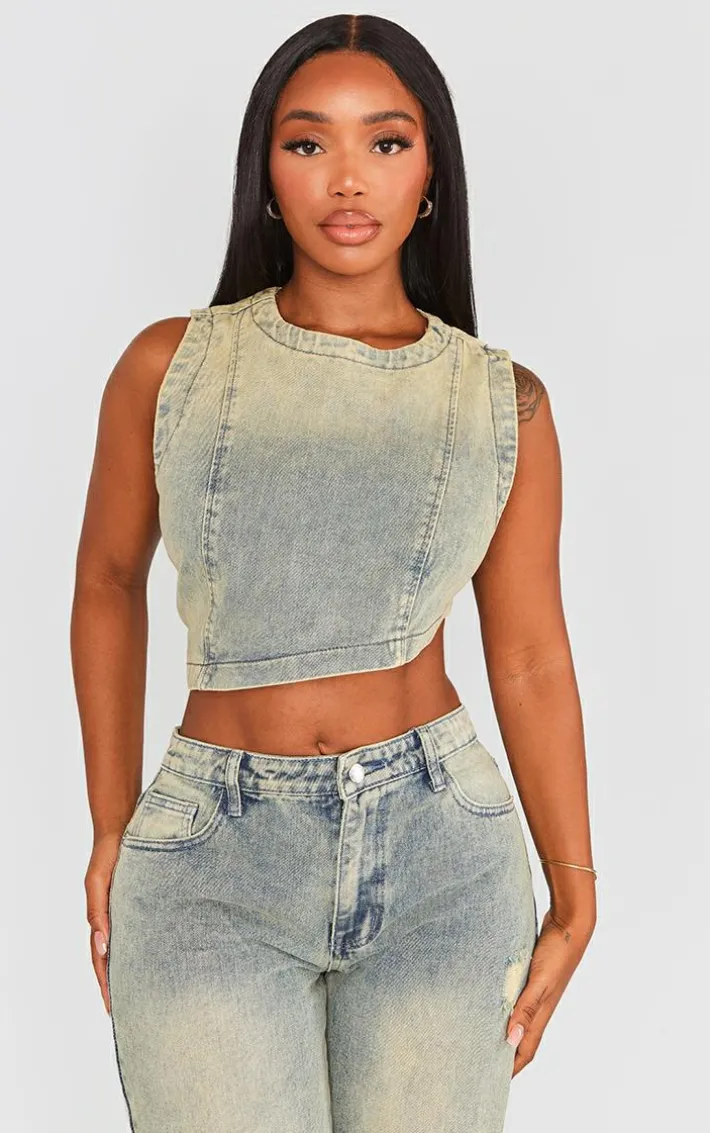 Shape Indigo Vintage Wash Denim Washed Asymmetric Crop Top
