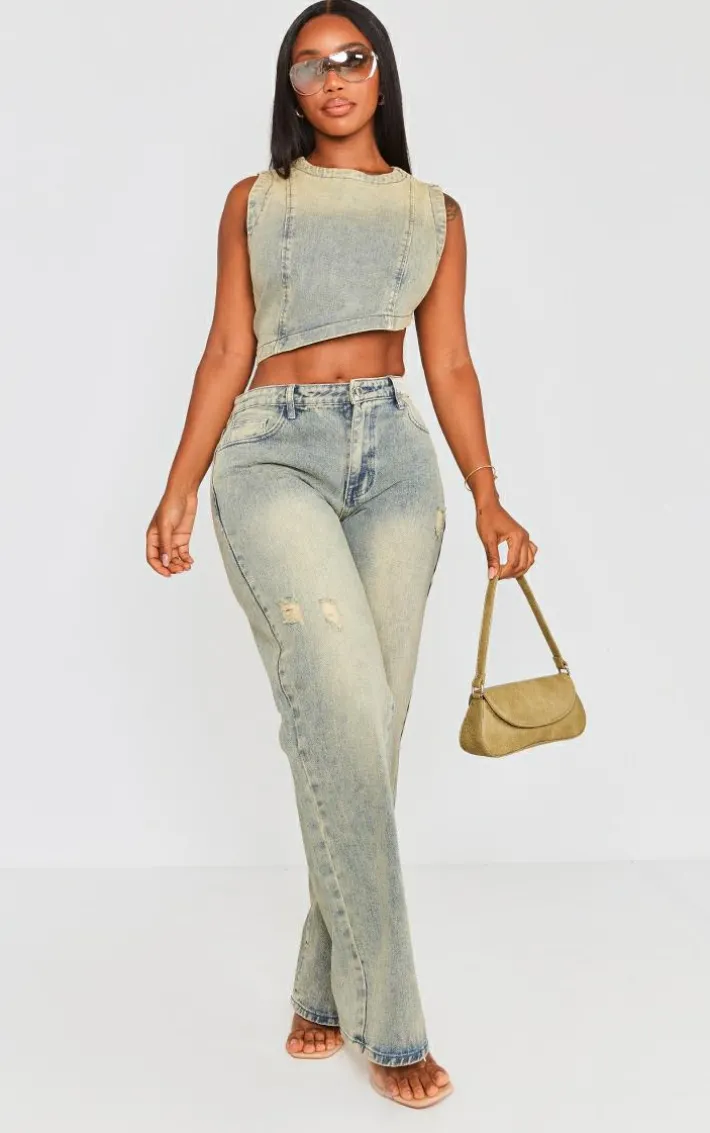 Shape Indigo Vintage Wash Denim Washed Asymmetric Crop Top