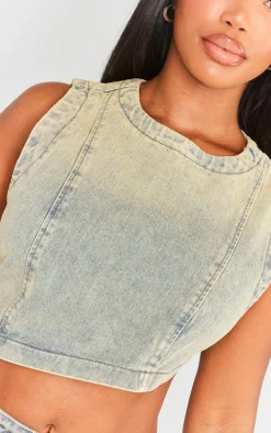 Shape Indigo Vintage Wash Denim Washed Asymmetric Crop Top